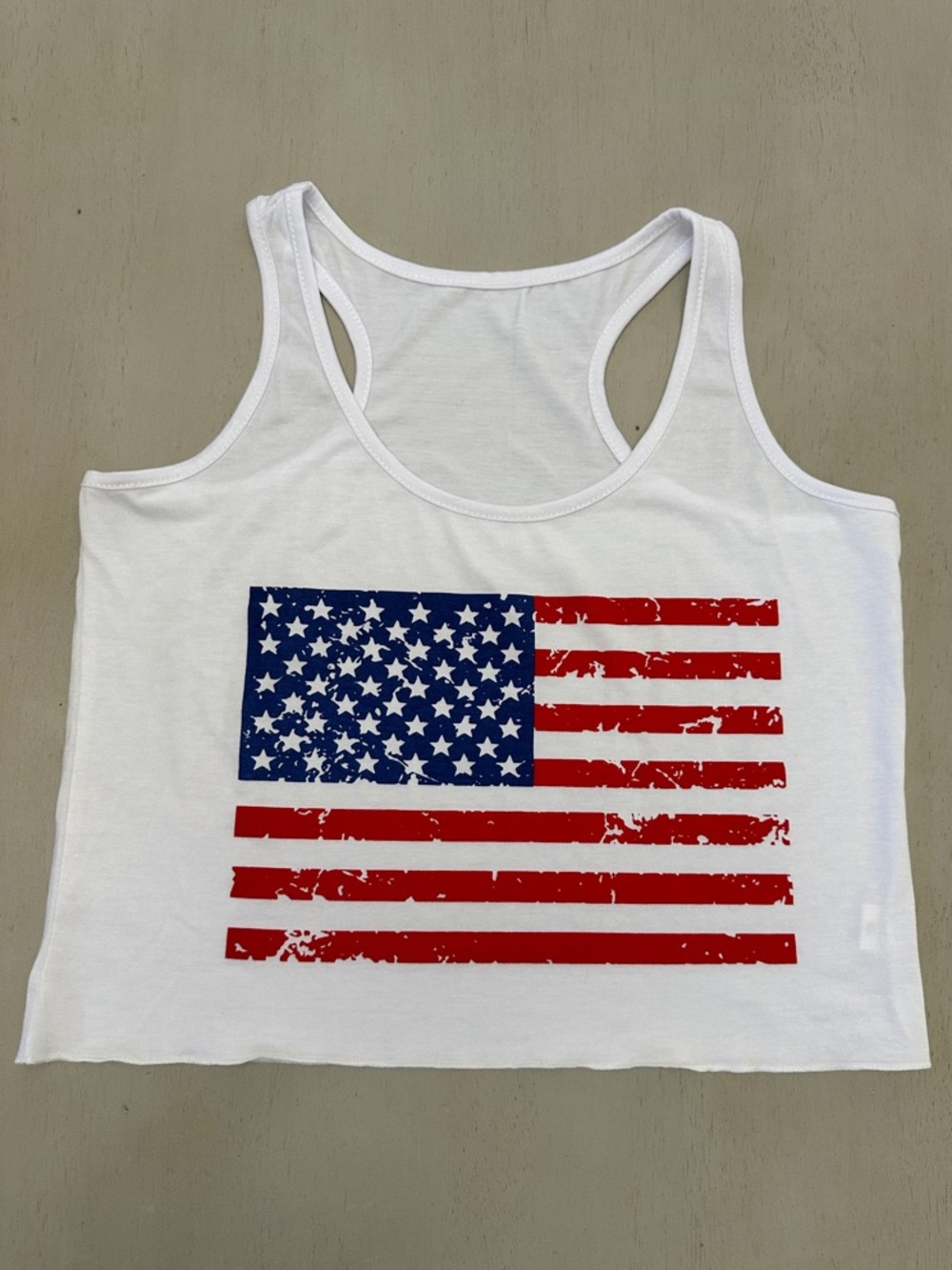 Women’s White Tank Top with Distressed American Flag